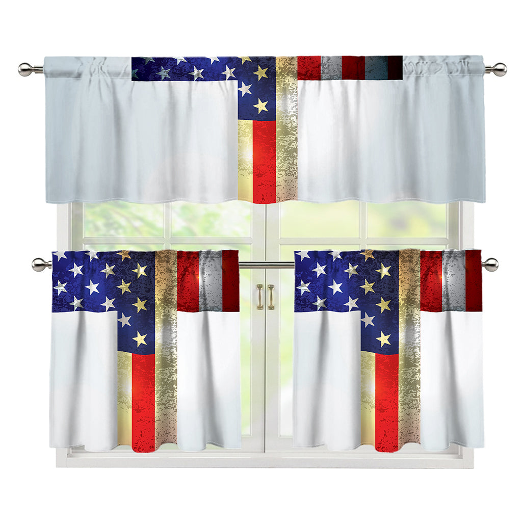 American Christian Cross Flag Print 3 Piece Kitchen Curtains