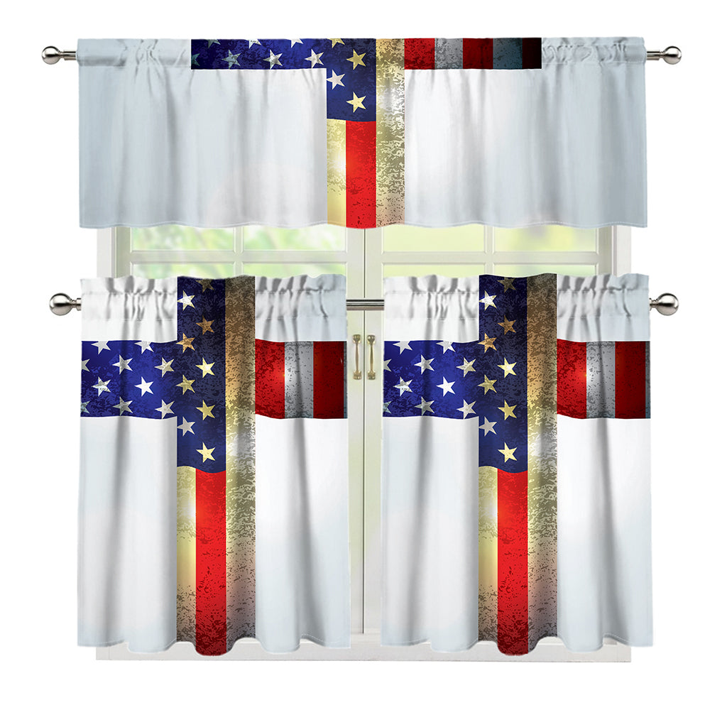 American Christian Cross Flag Print 3 Piece Kitchen Curtains
