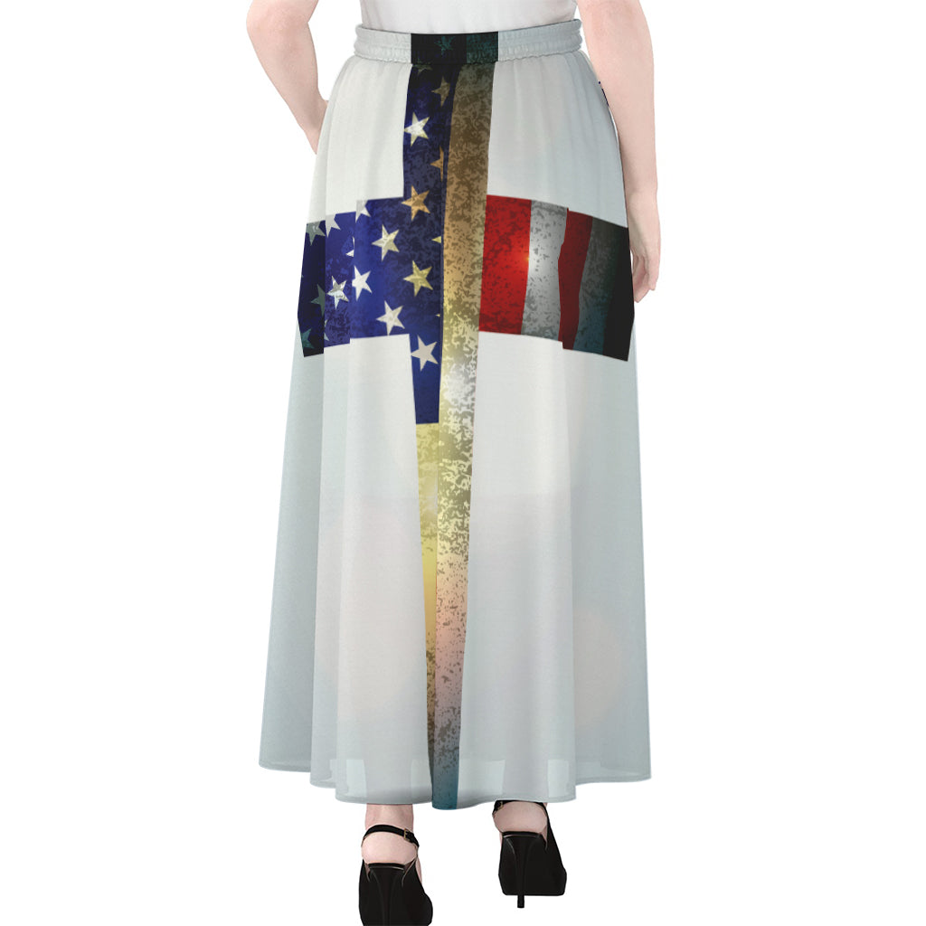 American Christian Cross Flag Print Chiffon Maxi Skirt