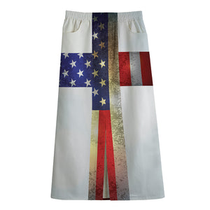 American Christian Cross Flag Print Cotton Front Slit Maxi Skirt