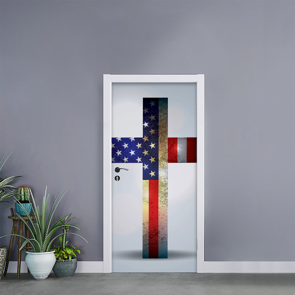 American Christian Cross Flag Print Door Sticker