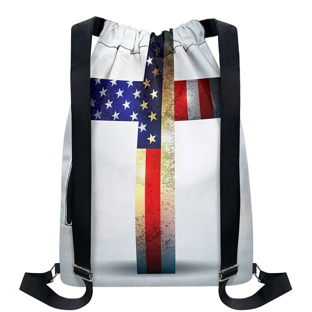 American Christian Cross Flag Print Drawstring Backpack