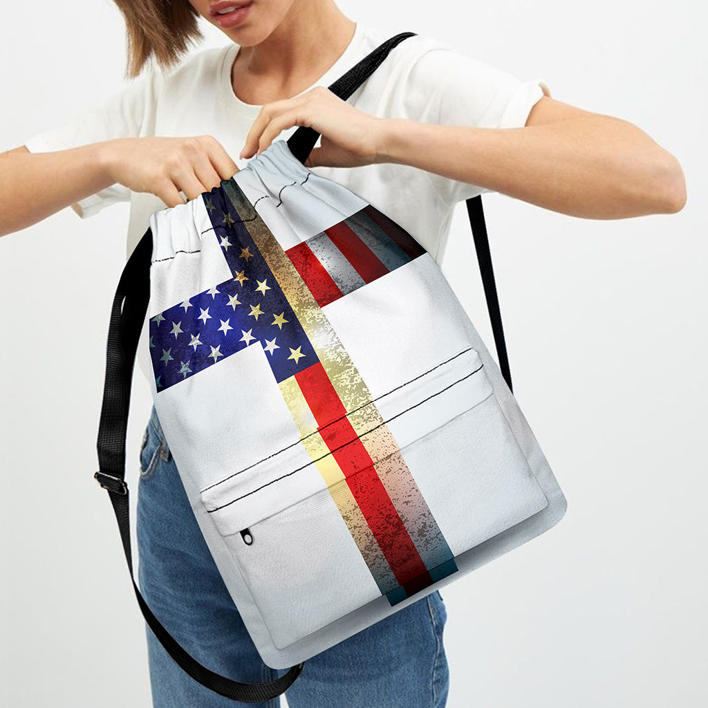 American Christian Cross Flag Print Drawstring Backpack