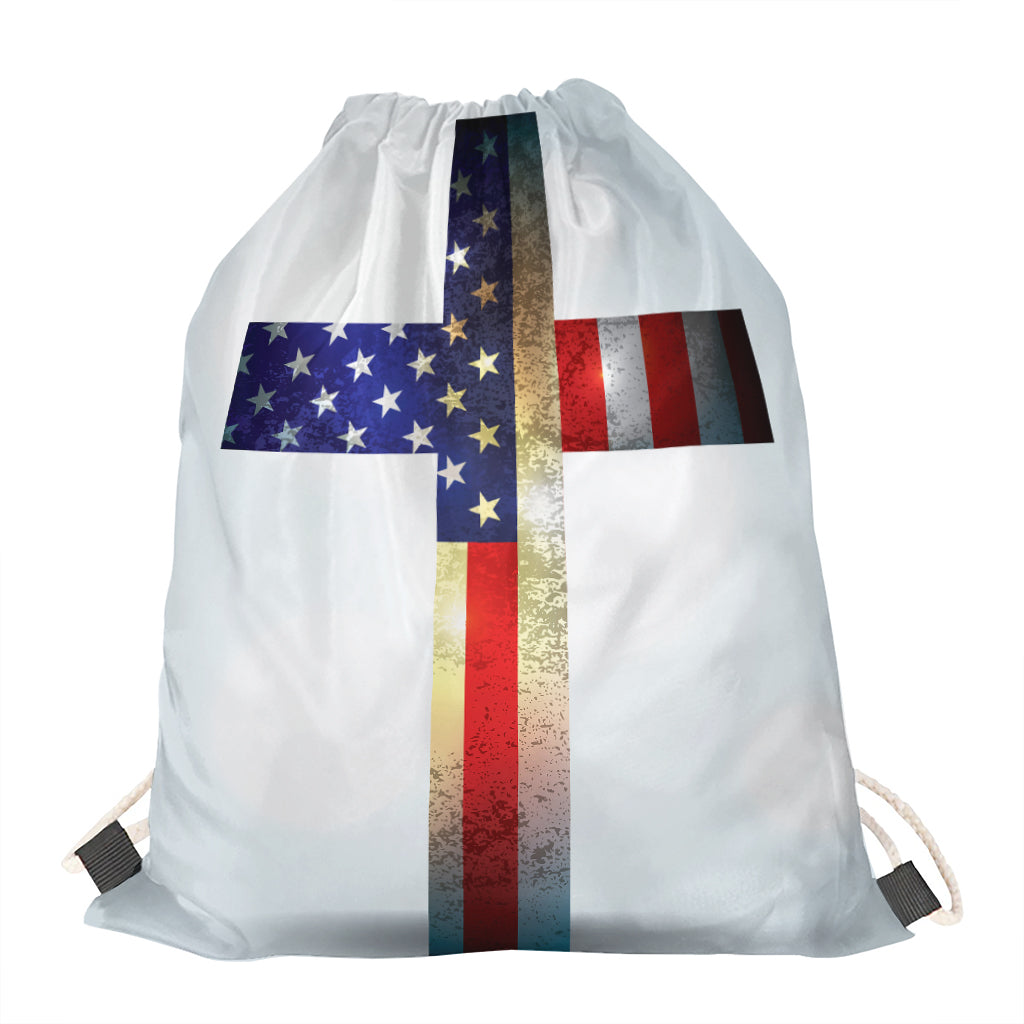 American Christian Cross Flag Print Drawstring Bag