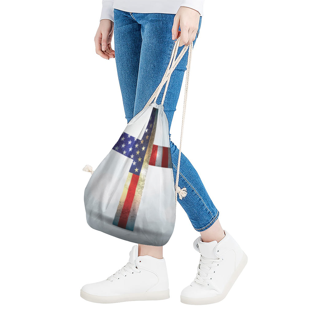 American Christian Cross Flag Print Drawstring Bag