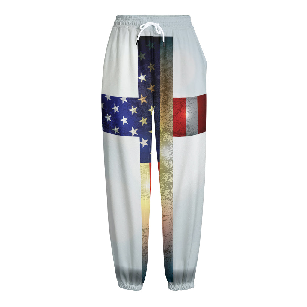 American Christian Cross Flag Print Fleece Lined Knit Pants