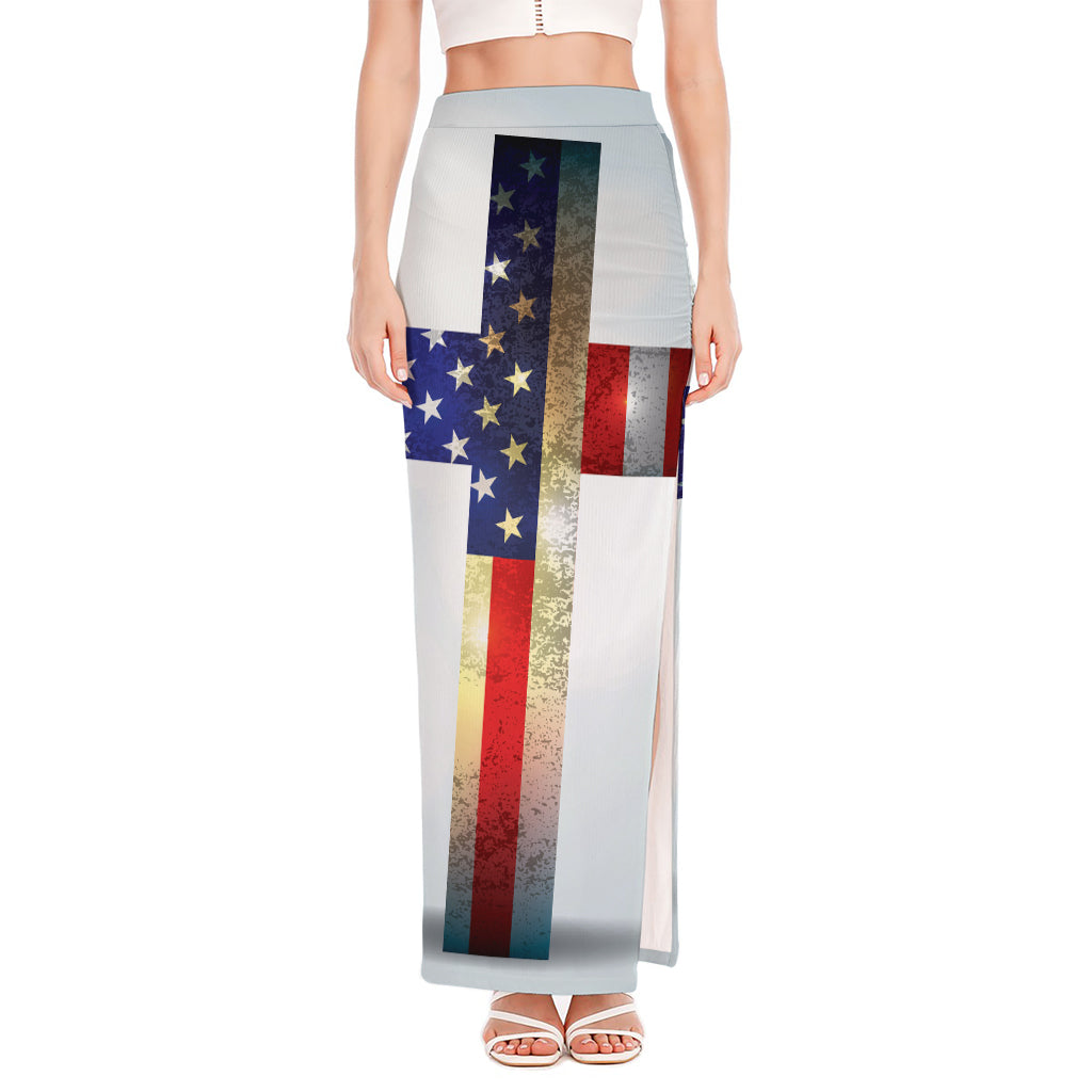 American Christian Cross Flag Print High Slit Maxi Skirt