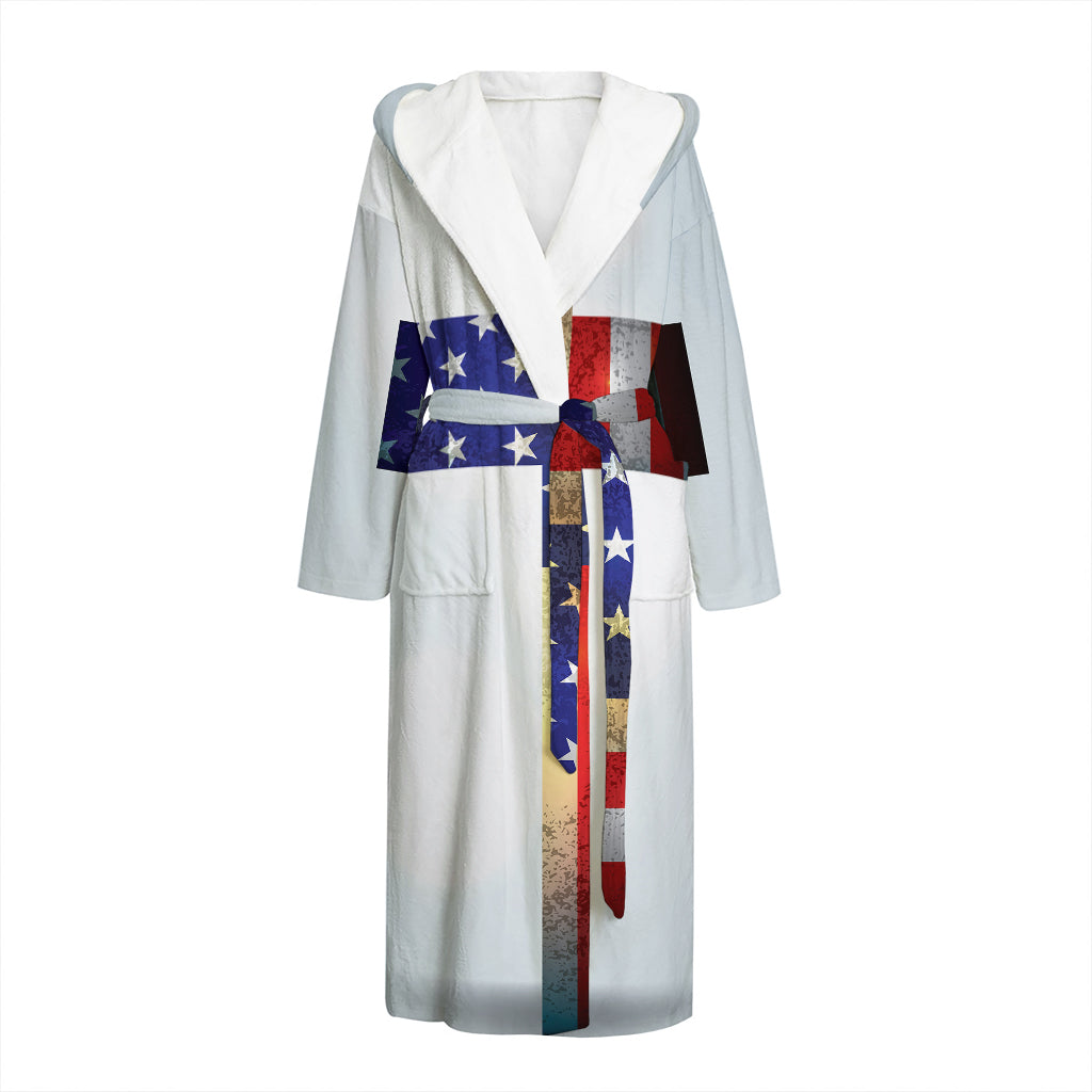 American Christian Cross Flag Print Hooded Bathrobe