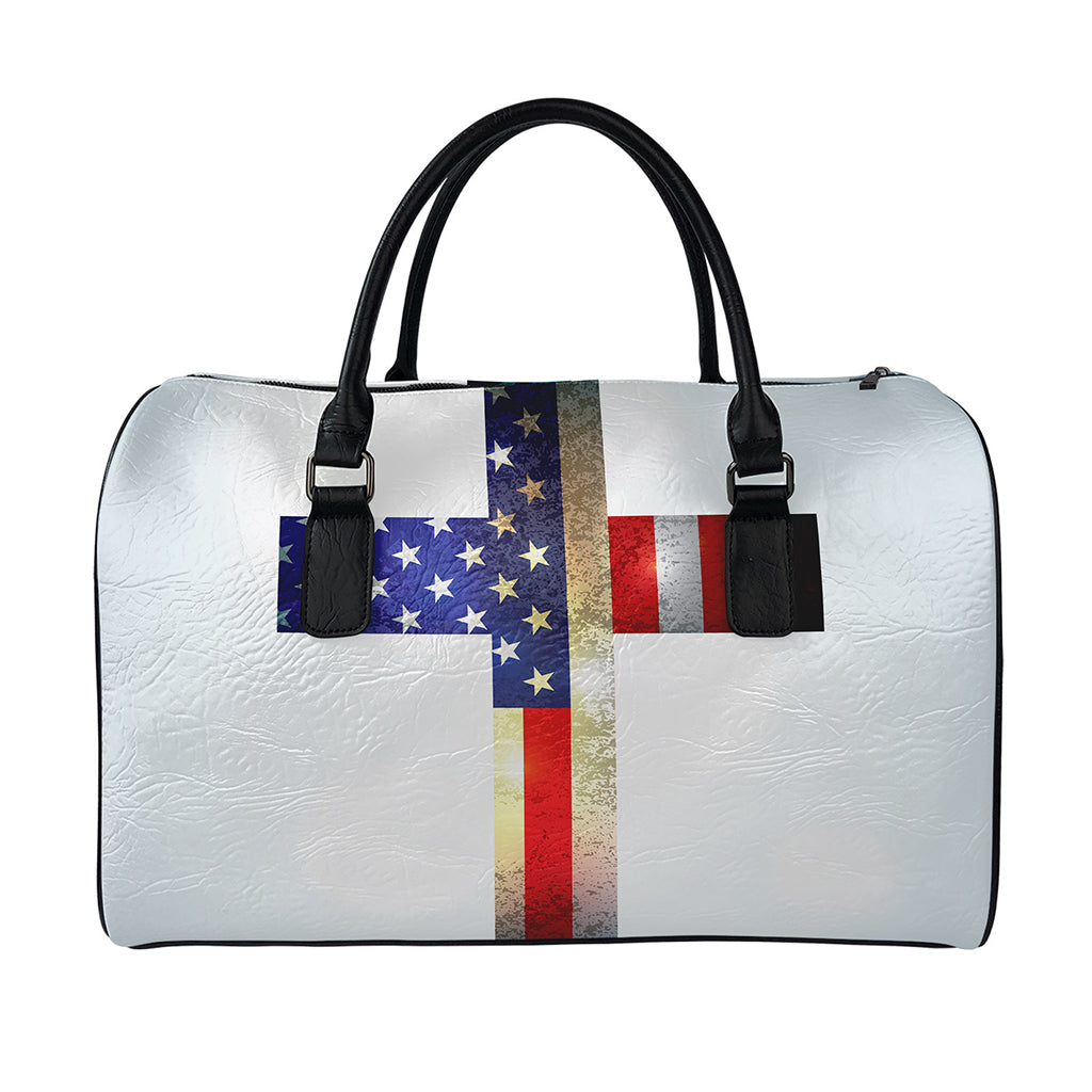 American Christian Cross Flag Print Leather Duffle Bag