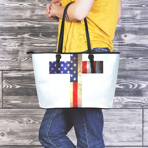 American Christian Cross Flag Print Leather Tote Bag