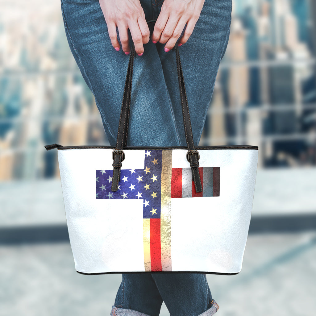 American Christian Cross Flag Print Leather Tote Bag