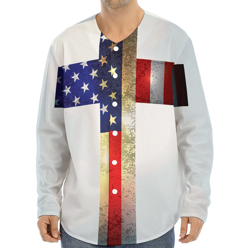 American Christian Cross Flag Print Long Sleeve Baseball Jersey