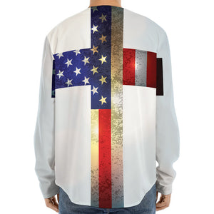 American Christian Cross Flag Print Long Sleeve Baseball Jersey