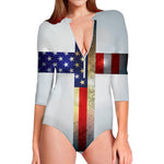 American Christian Cross Flag Print Long Sleeve Swimsuit