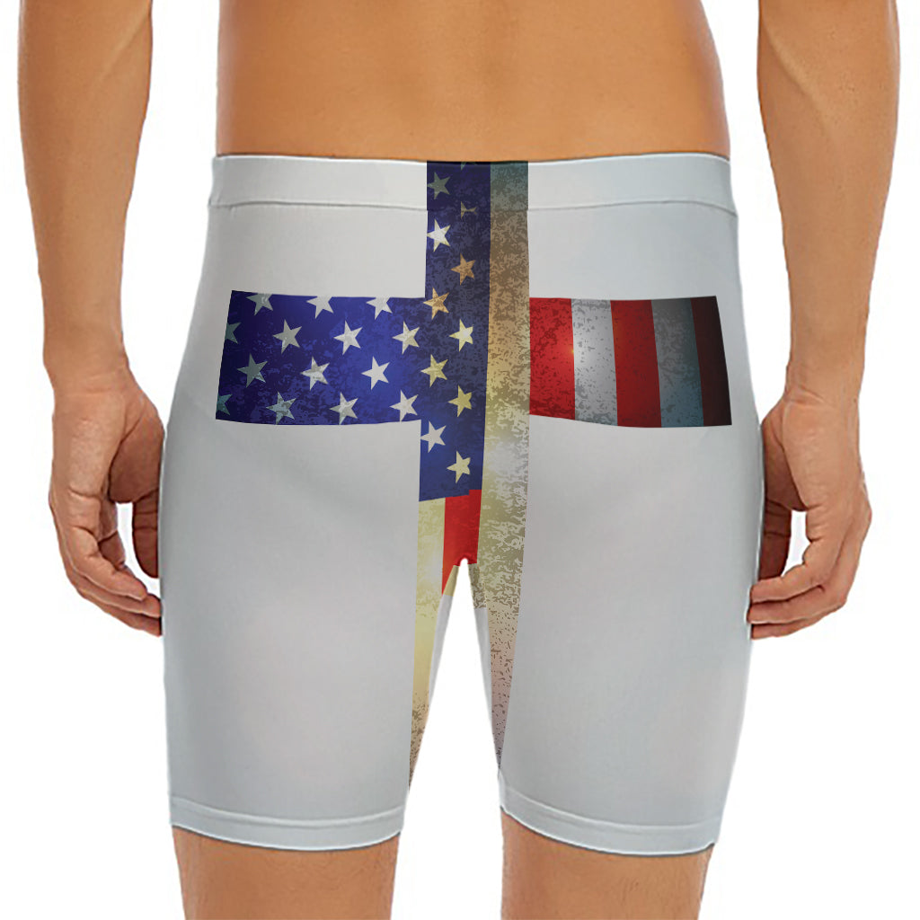 American Christian Cross Flag Print Men's Long Boxer Briefs