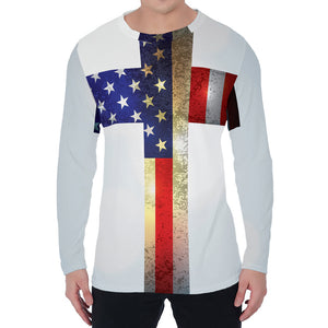 American Christian Cross Flag Print Men's Long Sleeve T-Shirt