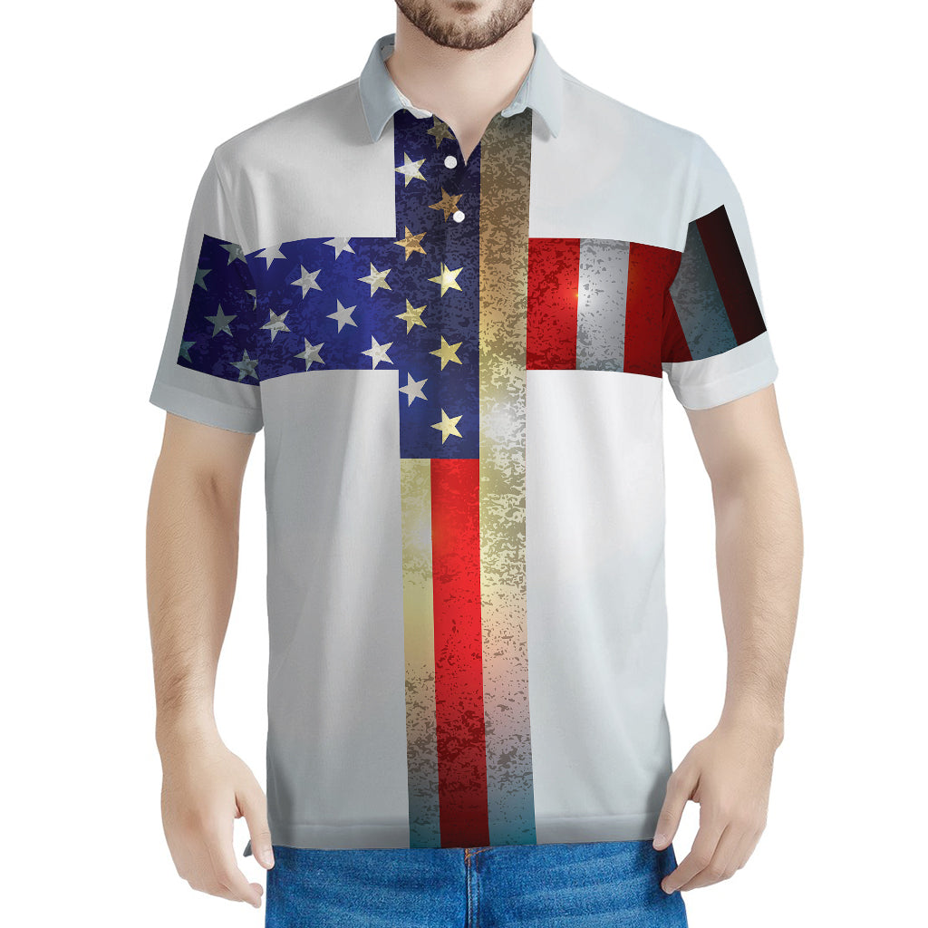 American Christian Cross Flag Print Men's Polo Shirt