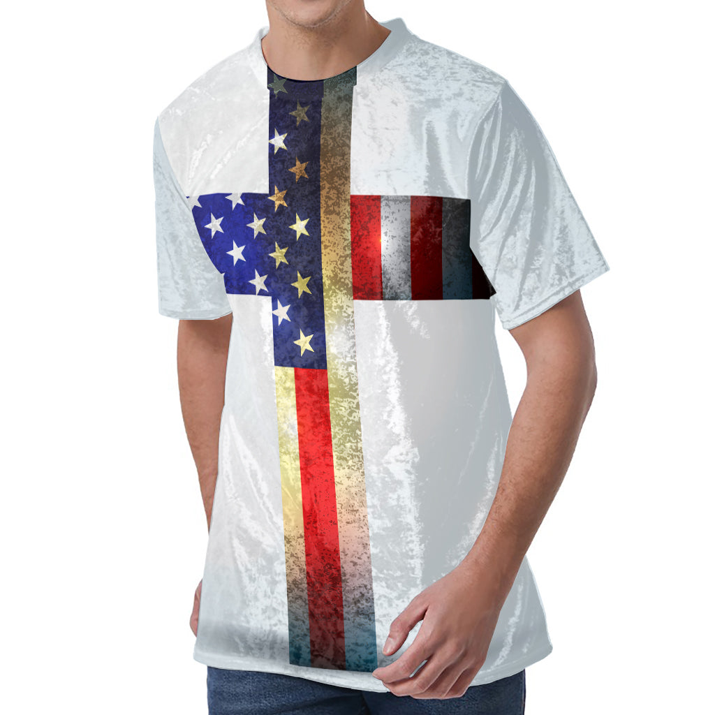 American Christian Cross Flag Print Men's Velvet T-Shirt