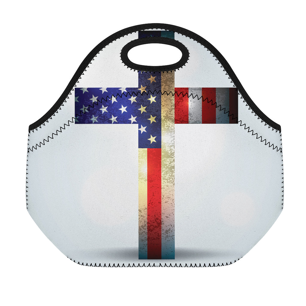 American Christian Cross Flag Print Neoprene Lunch Bag