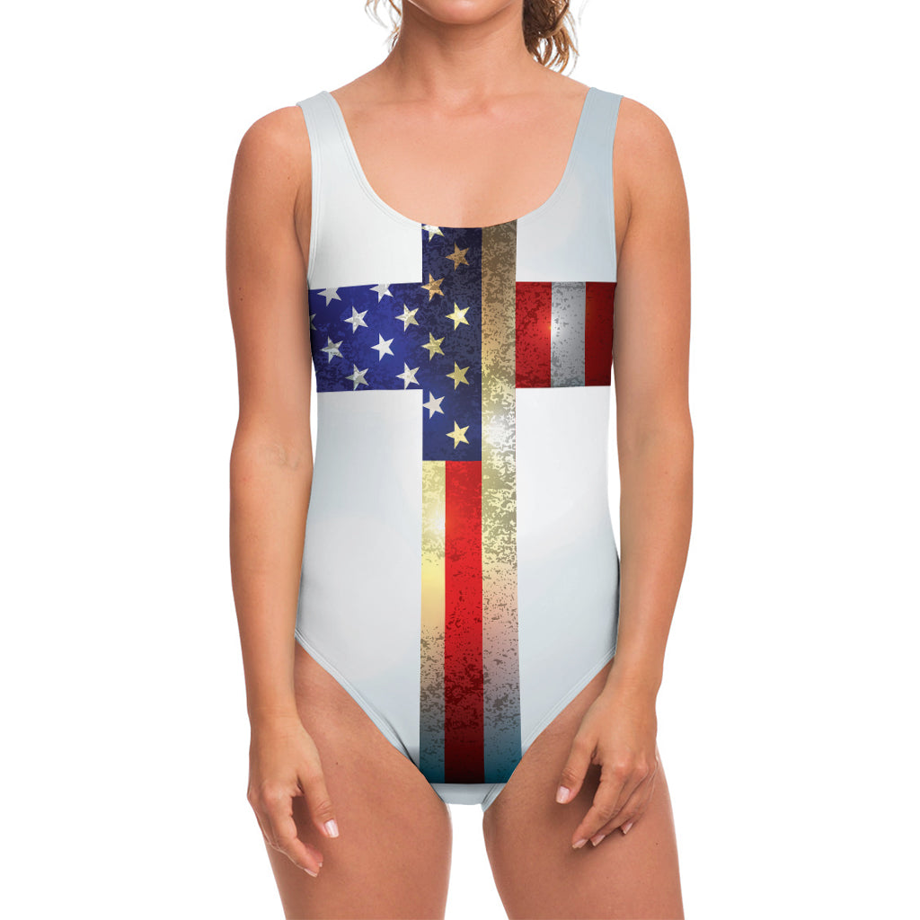 American Christian Cross Flag Print One Piece Swimsuit