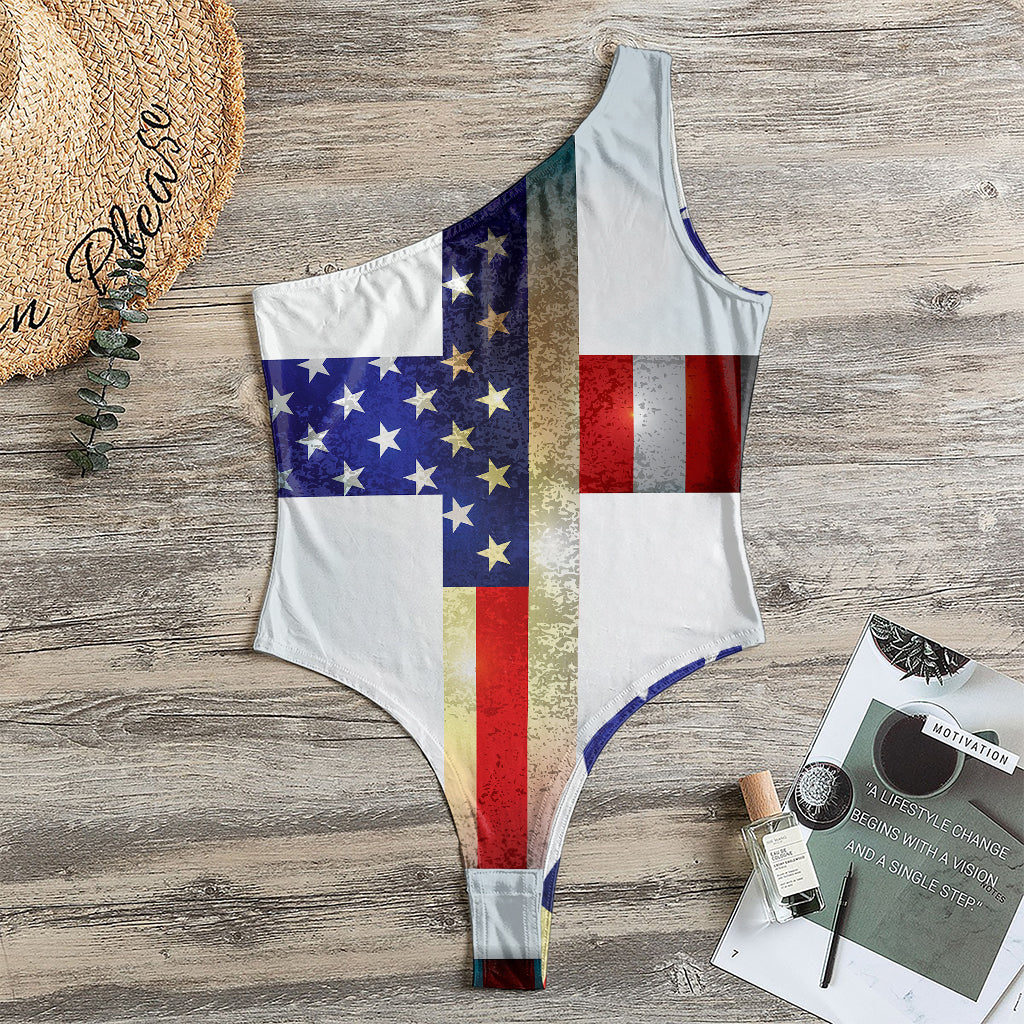 American Christian Cross Flag Print One Shoulder Bodysuit