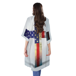 American Christian Cross Flag Print Open Front Beach Cover Up