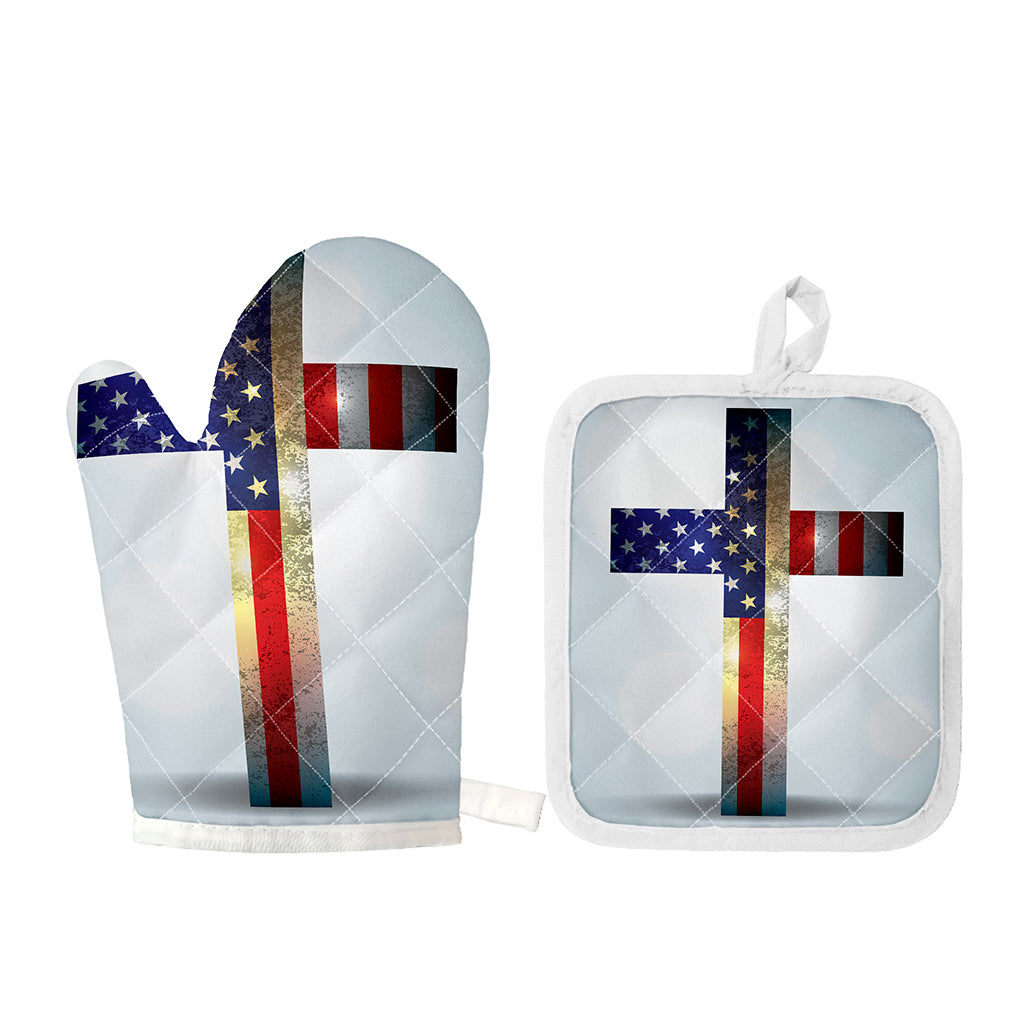 American Christian Cross Flag Print Oven Mitt And Pot Holder Set