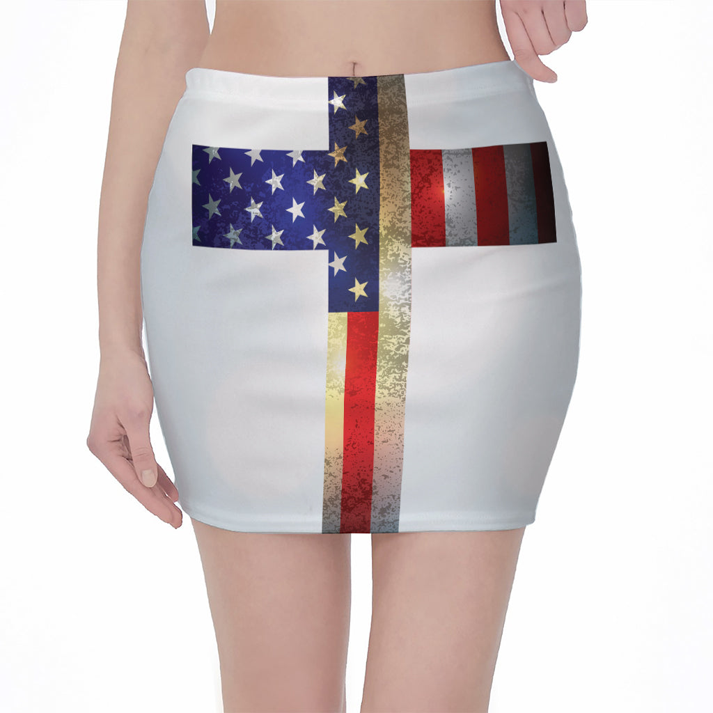 American Christian Cross Flag Print Pencil Mini Skirt