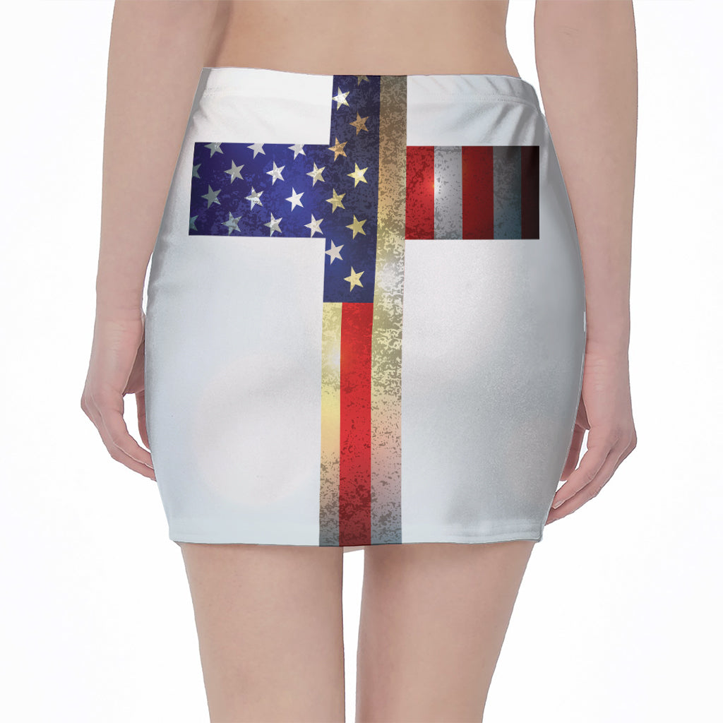 American Christian Cross Flag Print Pencil Mini Skirt