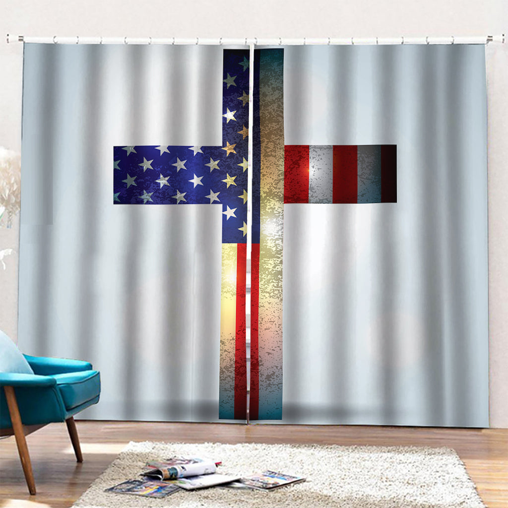 American Christian Cross Flag Print Pencil Pleat Curtains