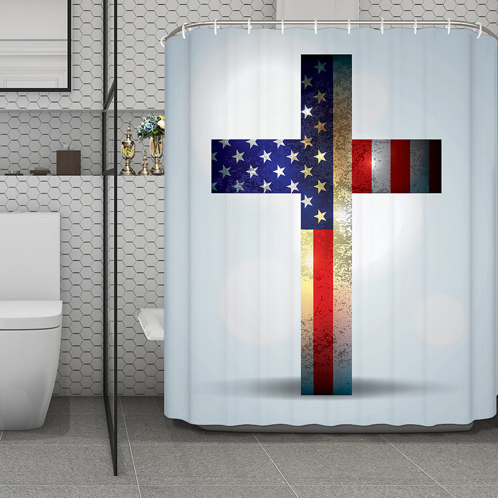 American Christian Cross Flag Print Polyester Shower Curtain