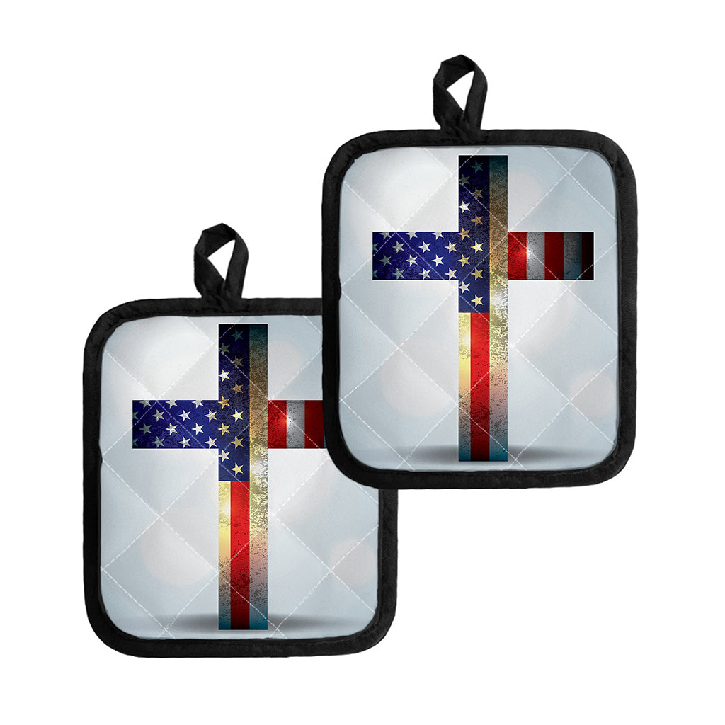 American Christian Cross Flag Print Pot Holders