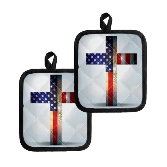 American Christian Cross Flag Print Pot Holders