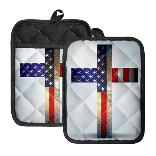 American Christian Cross Flag Print Pot Holders With Pocket