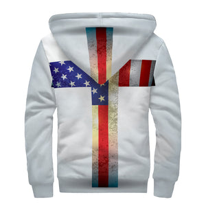 American Christian Cross Flag Print Sherpa Lined Zip Up Hoodie