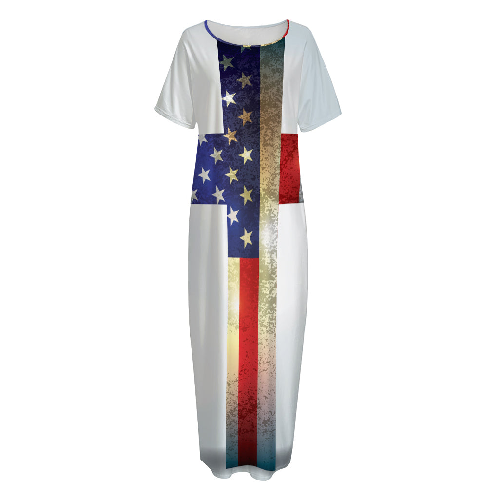 American Christian Cross Flag Print Short Sleeve Long Nightdress