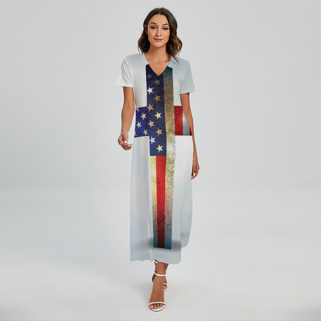 American Christian Cross Flag Print Short Sleeve Maxi Dress