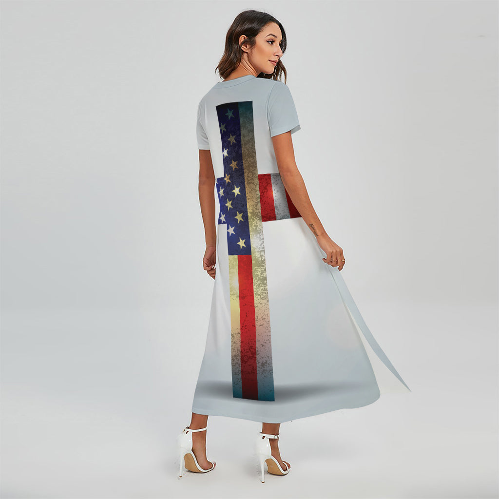 American Christian Cross Flag Print Short Sleeve Maxi Dress