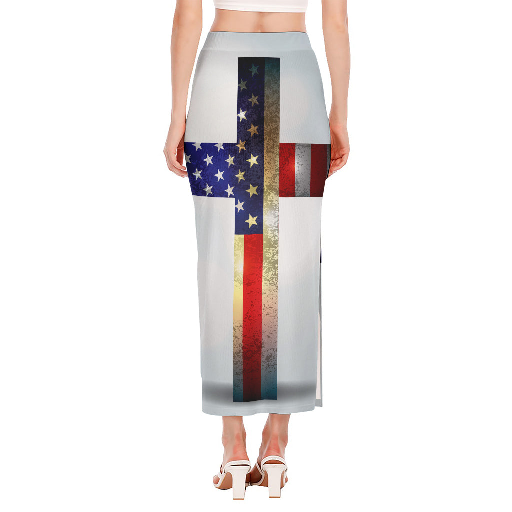 American Christian Cross Flag Print Side Slit Maxi Skirt