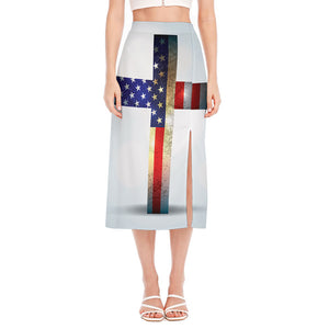 American Christian Cross Flag Print Side Slit Midi Skirt