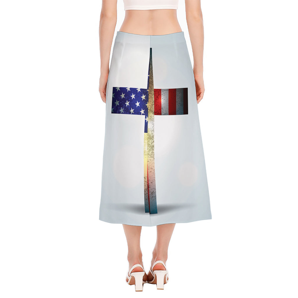 American Christian Cross Flag Print Side Slit Midi Skirt