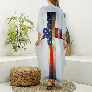 American Christian Cross Flag Print Silk V-Neck Kaftan Dress