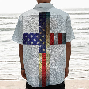 American Christian Cross Flag Print Textured Short Sleeve Shirt