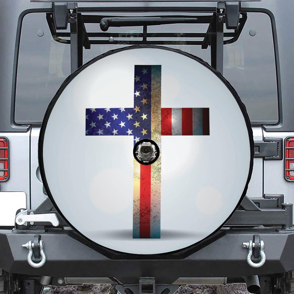 American Christian Cross Flag Print Tire Cover With Camera Hole