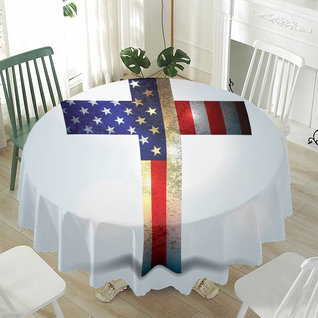 American Christian Cross Flag Print Waterproof Round Tablecloth