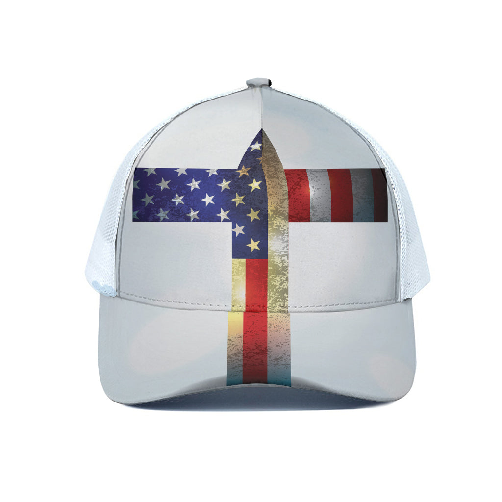 American Christian Cross Flag Print White Mesh Trucker Cap