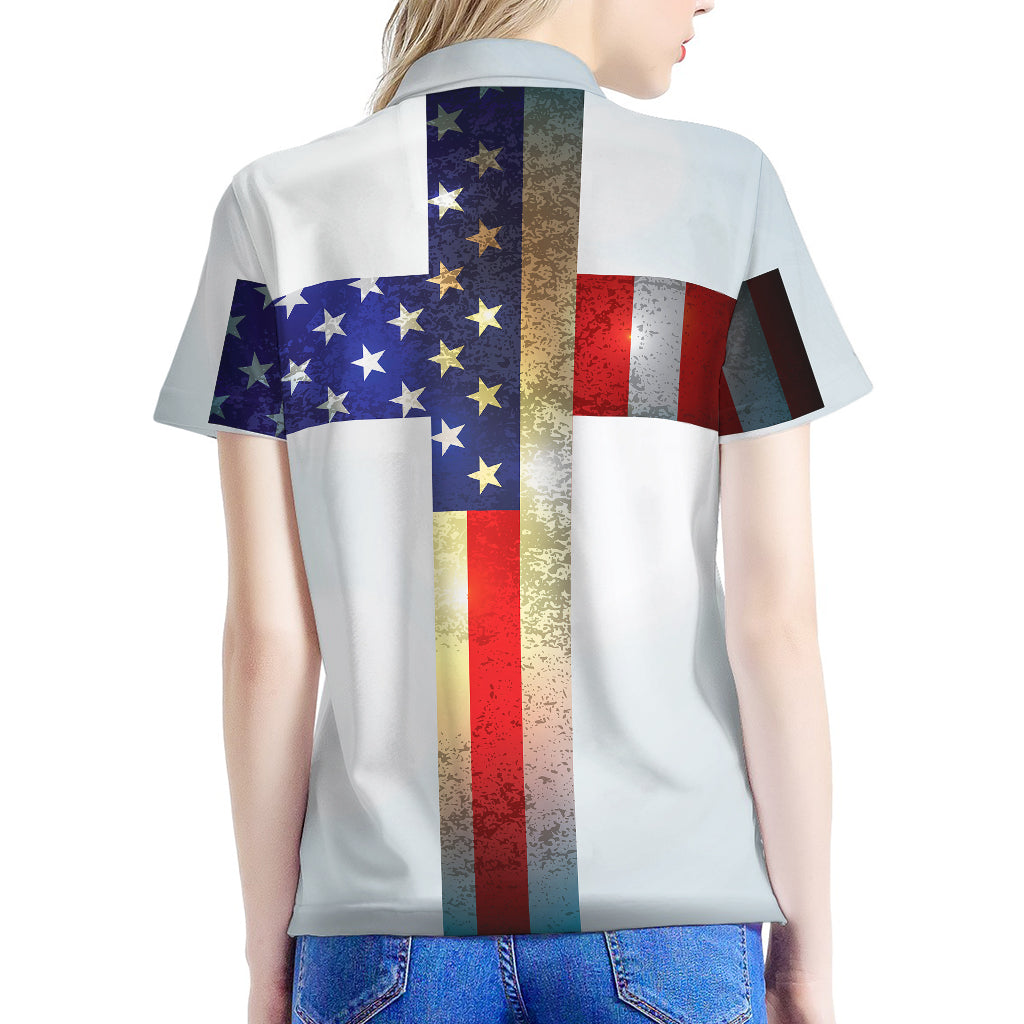 American Christian Cross Flag Print Women's Polo Shirt