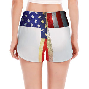 American Christian Cross Flag Print Women's Split Running Shorts