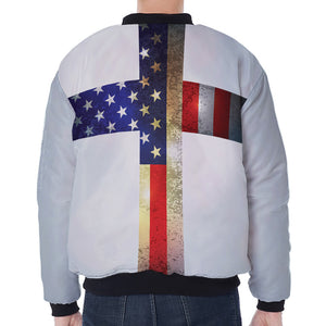 American Christian Cross Flag Print Zip Sleeve Bomber Jacket