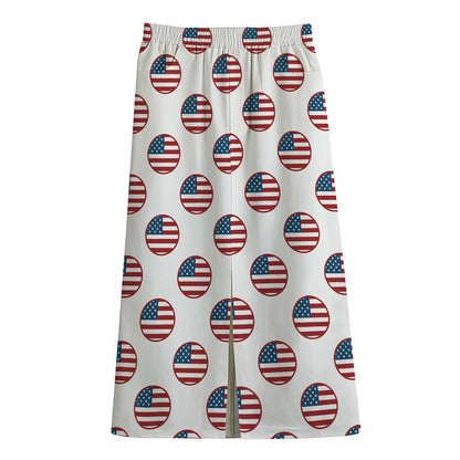 American Circle Flag Pattern Print Cotton Front Slit Maxi Skirt